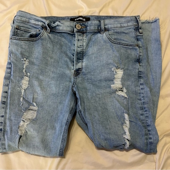 Express Skinny High Rise Jeans Women’s 14 Light Wash Distressed Button Fly - Picture 3 of 14